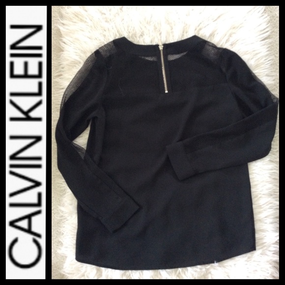 Calvin Klein Mesh Sleeve Black Blouse - Picture 2 of 5
